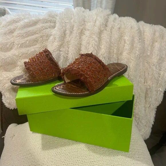 Sam Edelman Gladys, Cuoio Raffia Slides Golden Brown and Black - Picture 4 of 5